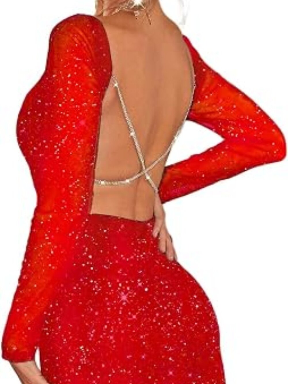 Womens Red Glitter Bodycon Long Sleeve Square Neck Criss Cross Back Mini Dress-M